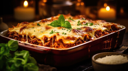 Lasagna in baking dish on the table in the restaurant. Generative Ai