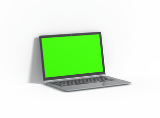 Modern laptop with easely changeable green screen design on the transparent background. 3D Render