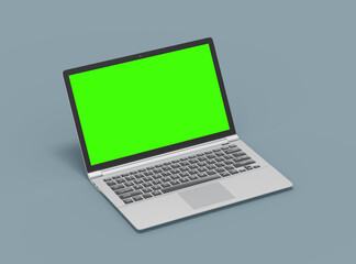 Modern laptop with easely changeable green screen design on the clean background. 3D Render