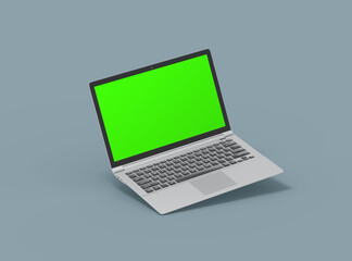Modern laptop with easely changeable green screen design on the clean background. 3D Render