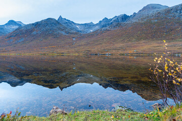 steile Berge auf der Insel Kvaløya, die sich im Wasser des Bergsee spiegeln, in Troms, Norwegen. tiefe Gletschertäler mit herbstlich gefärbten Bäumen und felsigen Gipfeln im Herbst. wunderbare Stille 