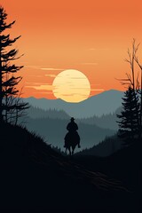 Silhouette of cowboy riding horse at sunset 
