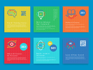 AI training course online education sale discount promo poster set vector illustration