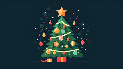 Christmas green decorated tree. Flat style vector illustration isolated on clear background