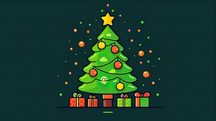 Christmas green decorated tree. Flat style vector illustration isolated on clear background