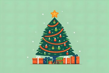 Christmas green decorated tree. Flat style vector illustration isolated on clear background