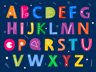 English alphabet font bright multicolored ABC letters doodle script for reading writing vector flat