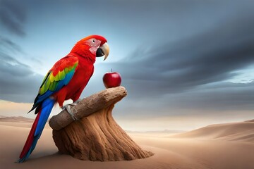 macaw parrot with apple in desert