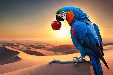 parrot eating apple in the desert
