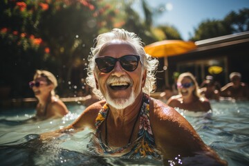 A cheerful elderly caucasian man, surrounded by other seniors, enjoys a refreshing swim in a vibrant blue swimming pool. 
