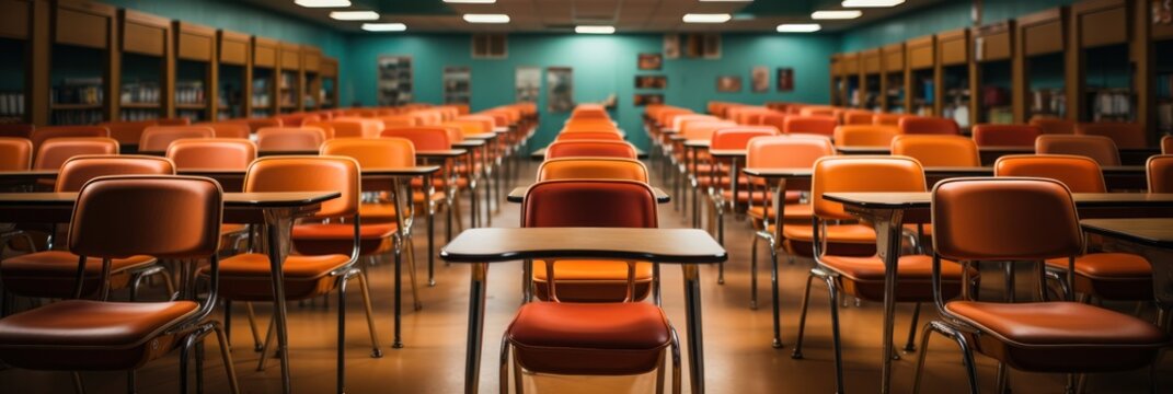 old college or university auditorium with chairs and posters on the walls. Empty classroom. Back to school concept