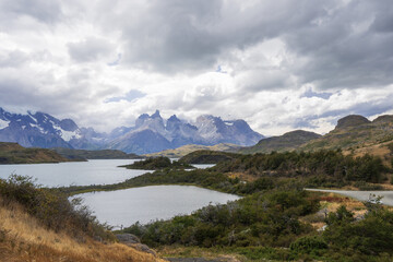 View of Cuernos del Paine and Lago Pehoe at Torres del Paine National Park in Chilean Patagonia.