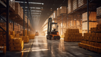 Fototapeta na wymiar High-tech warehouse as forklifts zip around, ensuring smooth operations