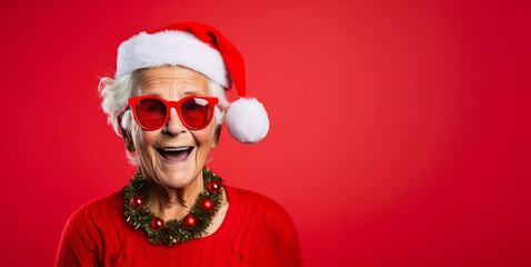 Studio portrait of eccentric elderly grandma with holiday spirit, dressed up in Christmas outfit with wreath, ornaments, and Santa hat - obrazy, fototapety, plakaty