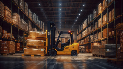 High-tech warehouse as forklifts zip around, ensuring smooth operations - obrazy, fototapety, plakaty