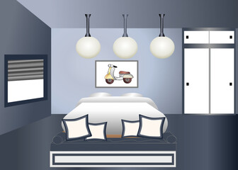 Illustration of Japanese bed room decoration in modern interior design 