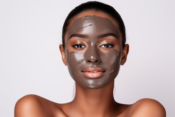 Dark skinned woman with face skin applies nourishing clay mask for rejuvenation does anti wrinkle procedures isolated on white background - Powered by Adobe