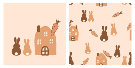 Seamless pattern with bunny rabbit cartoons, carrot and house on orange background vector illustration. 