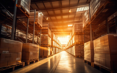Golden hour shot of a modern contemporary warehouse with warm sunlight filtering through rows of goods