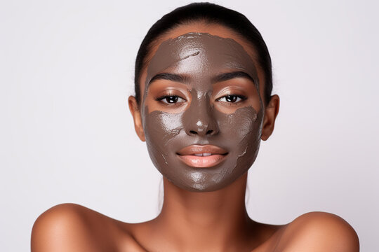 Dark skinned woman with face skin applies nourishing clay mask for rejuvenation does anti wrinkle procedures isolated on white background