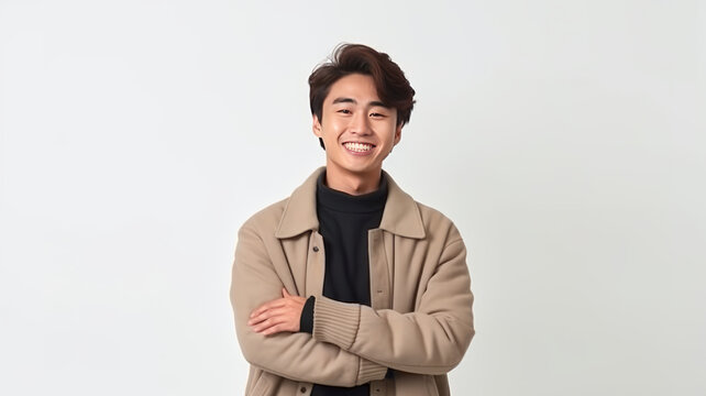 Young asian man cross arms isolated background and smiling.