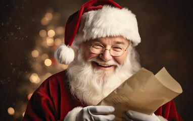 Portrait of happy Santa Claus holding Christmas letter.