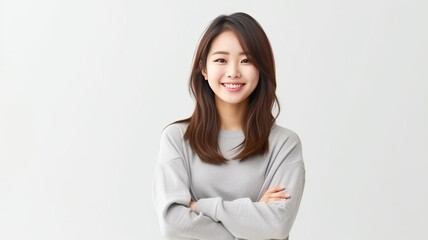 Young asian woman cross arms isolated background and smiling. - obrazy, fototapety, plakaty