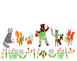 cute forest animals set, cute animals in clothes, flowers, vector illustration, decoration, cartoon style. 