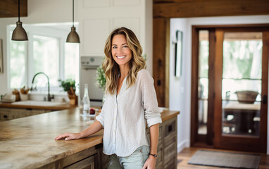 Smiling woman behind modern rustic kitchen