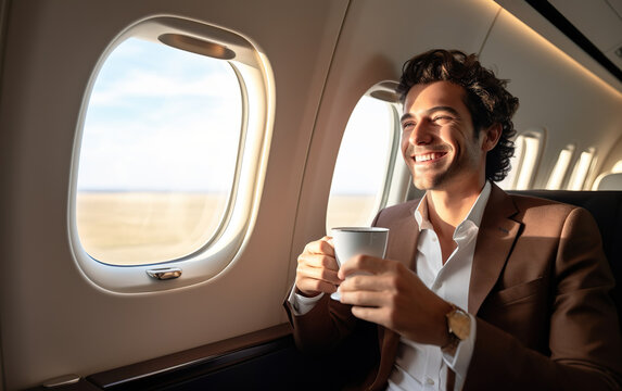 Smiling businessman holding cup and looking at window in private plane