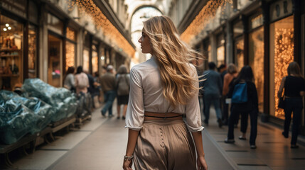 Woman with long blonde hair walking through Milano - obrazy, fototapety, plakaty