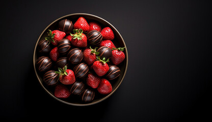Bowl full of strawberries and strawberry bonbons, on a black background. Chocolate.