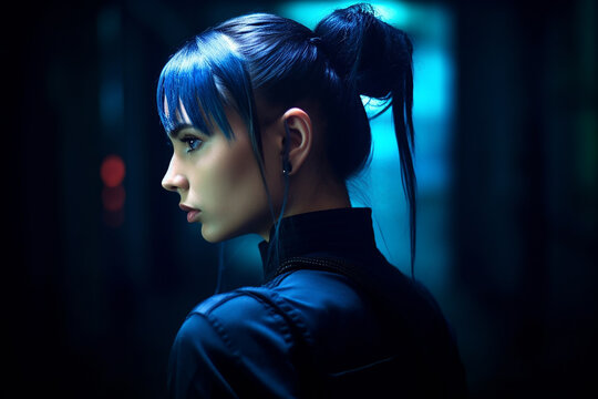 Photo shot of hairstyle for rhythmic gymnastics over dark blue studio. Generative AI.