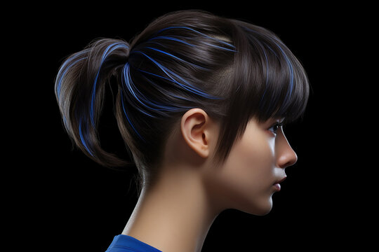 Photo shot of hairstyle for rhythmic gymnastics over dark blue studio. Generative AI.