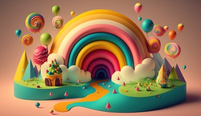 cute multicolored candy forming a rainbow colored fantasy landscape