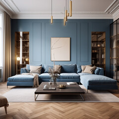 modern living room with a cool blue color and wooden