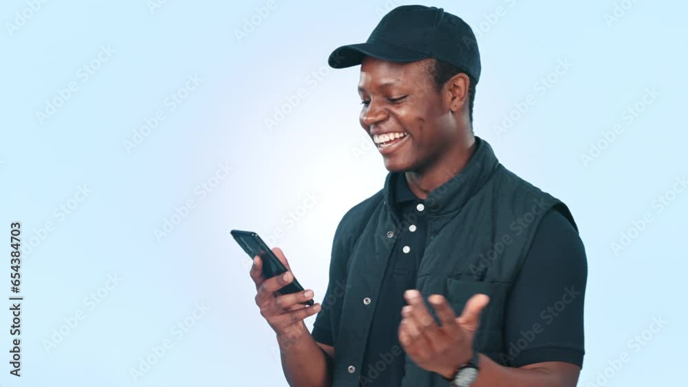Poster smile, typing and black man with a smartphone, funny and connection on a blue studio background. afr
