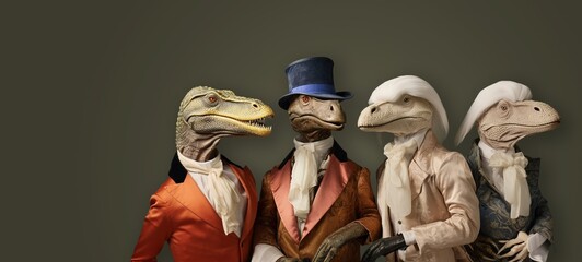 four dinosaurs side by side wearing 17th century clothes and white wigs, on a clean background - obrazy, fototapety, plakaty
