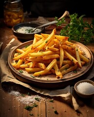 French fry board with seasoning and condiments on wooden table
