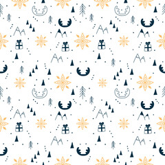 Tribal seamless pattern. Hand drawn ethnic background with cute reindeer horns,  presents, fir tree, mountains, snowflakes. Christmas ,New Year design
