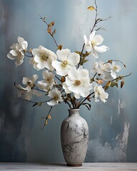 Gray vase with white flower arrangements - obrazy, fototapety, plakaty