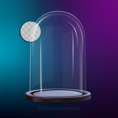Render of an empty glass cloche or flower display with a dark plastic base. Vector 3d illustration on isolated background
