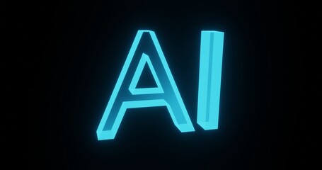 AI word 3d illustration, bright blue color Ai symbol for blogs on black background