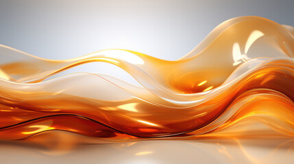 Calming abstract art background. A golden glassware wave on a white background. Smooth curves and lines. 
