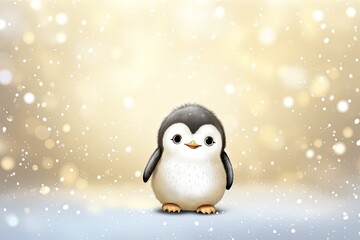 cute little penguin on snowy golden glitter background illustration