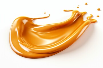 Liquid sweet melted caramel, delicious caramel sauce isolated on white - obrazy, fototapety, plakaty