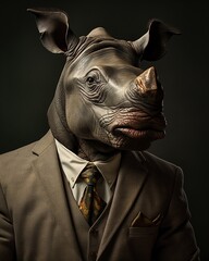man in suit with rhinoceros head on a clean, dark background