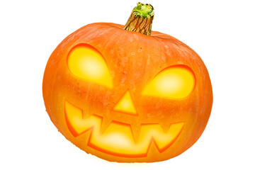 Spooky Halloween pumpkin with a sinister face Jack-O-lantern isolated on a transparent background.