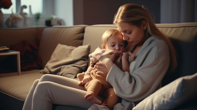 A young mother is sitting on a couch, holding her crying baby. face is etched with worry.