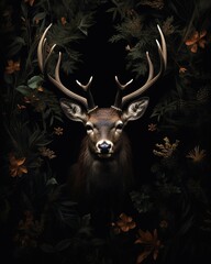 Portrait of a deer amid a floral arrangement, in dark palette